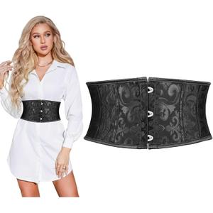 SUOSDEY Jacquard Corset Belt for Women Underbust Boned Lace Up Bustier Waspie Belt Renaissance Steampunk Pirate Corset (Fit Waist Size 25"-27", 01-black)