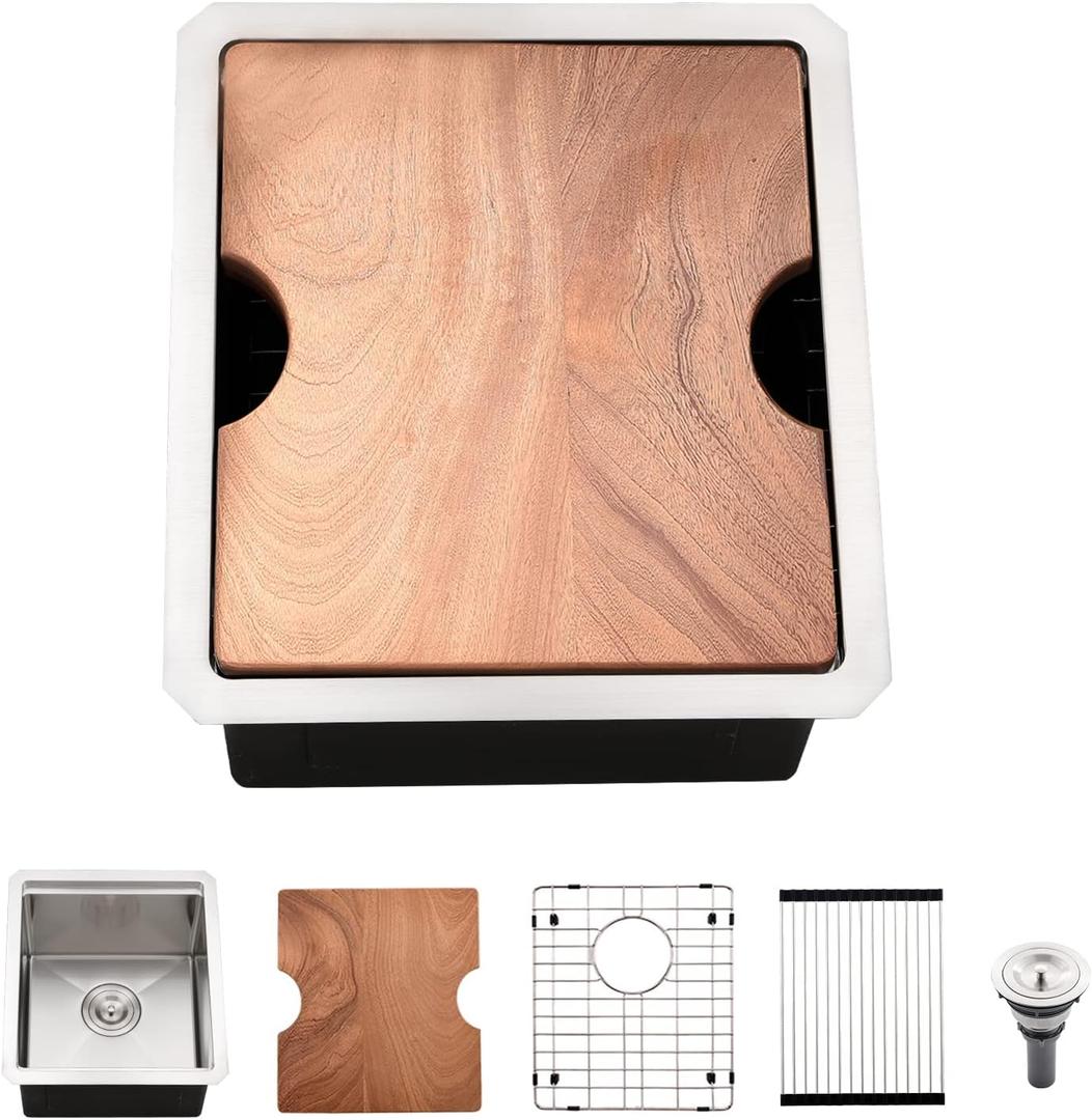 12 Inch Undermount Bar Sink Workstation, BoomHoze 12 x 15 Stainless Steel Wet Bar Kitchen Prep Single Bowl 16 Gauge Small Kitchen Sink with Cutting Board and Assembly, 12"x15"x9"
