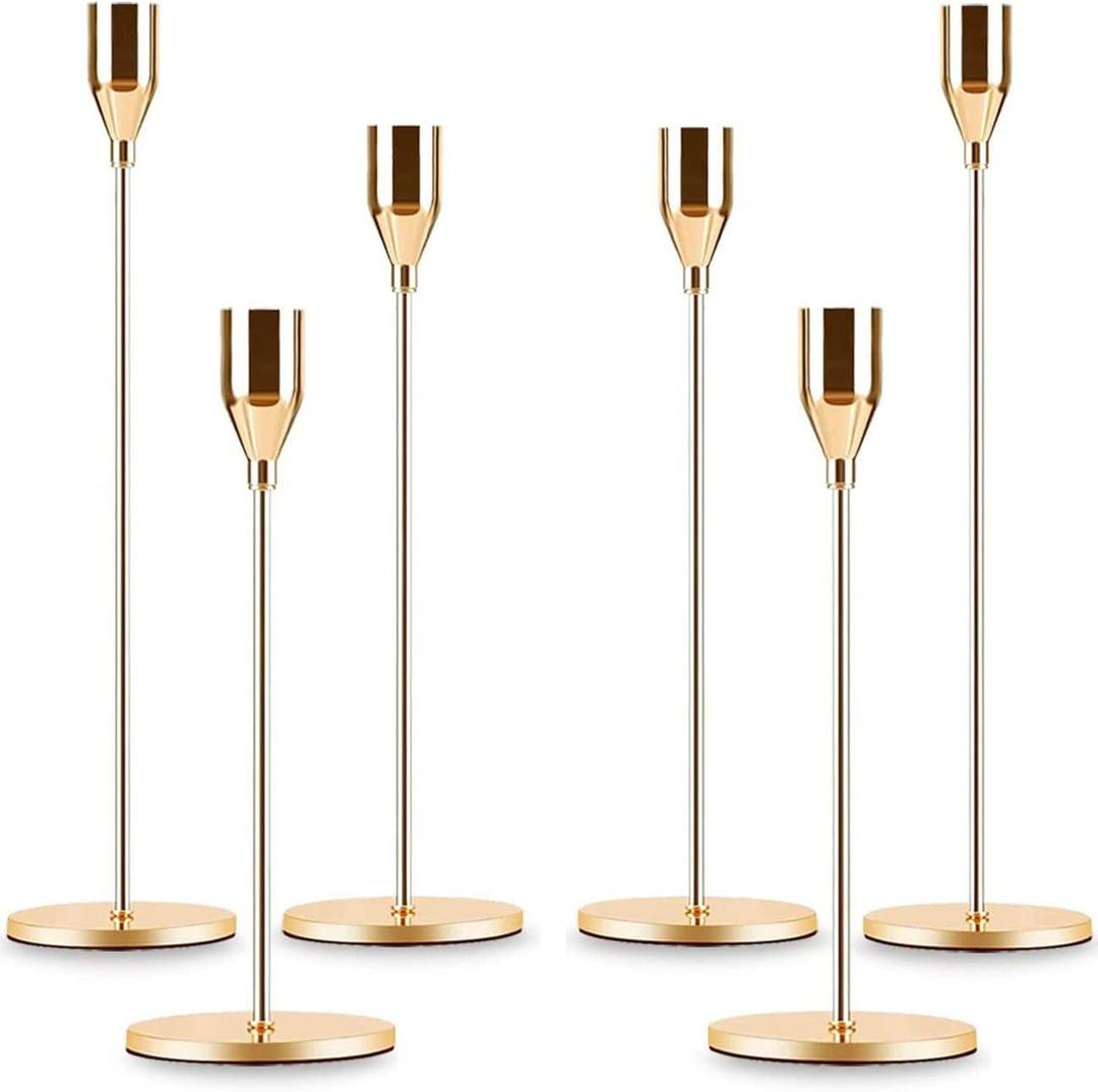 Gold Taper Candle Holder Set of 6, Brass Gold Tall Candlestick Holders, Metal Vintage Candle Stickers Long Holder Set, Pillar Decorative Candle Holder Fits 3/4 Inch Candle