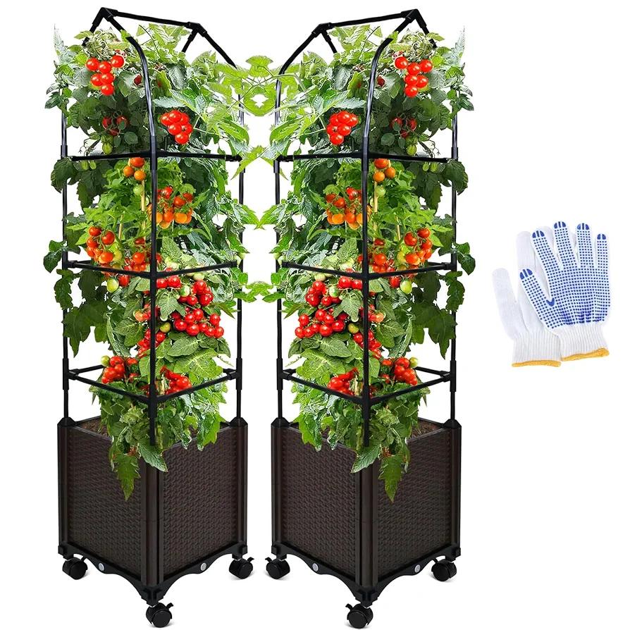 MQUPIN Raised Garden Bed Planter Boxes with Trellis,52''Self-Watering Tomato Planter Boxes with Trellis for Climbing Vegetables Plants Flowers Tomatoes with Wheels,Use for Indoor Outdoor(2 Pack)