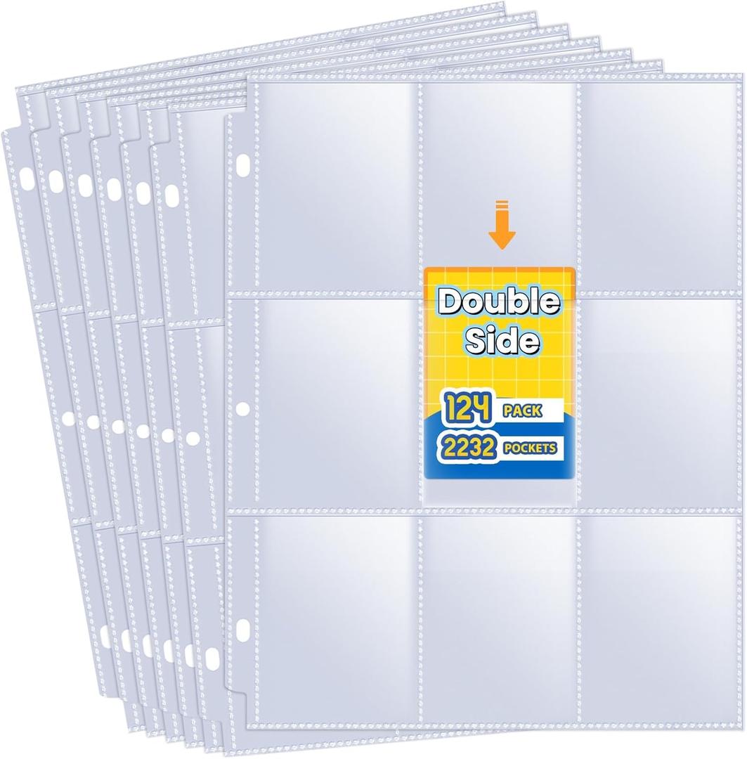 2232 Pockets Double Side Trading Card Sleeves, Fabmaker 9 Pocket Card Sleeves Binder Sheets for 3 Ring Binder, Long-Lasting Trading Card Binder Sleeves Fit for MTG, Baseball, Game, Business Cards (124 PACK)