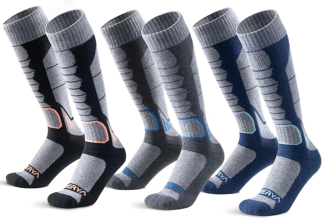 Merino Wool Ski Socks for Men, Women & Youth - Over-the-Calf Full Cushion Thermal Snowboard Socks, Winter Performance