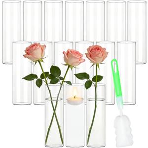 16 Pack Glass Cylinder Bud Vases for Centerpieces, 7.8” H x 2.5” W Clear Flower Vases Bulk, Floating Candle Holder for Wedding Party Home Decor