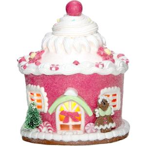 Pink Christmas Gingerbread House Decor, Light Up Gingerbread House Xmas Village Ornaments, LED Candy House Gingerbread Decorations Desktop Adornment for Christmas Decor