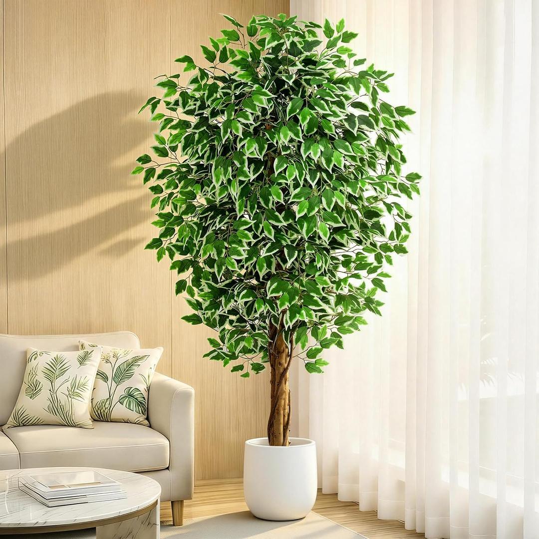 6.2ft Ficus Artificial Trees with 3 Natural Curved Trunks, 74" Tall Lush Faux Tree for Home Decor Indoor, Green Lifelike Fake Ficus Tree 1pcs