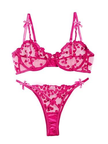 Lilosy Sexy Cute Underwire Push Up Strappy Heart Embroidered Mesh Sheer Lingerie Set for Women Bachelorette See Through Bra and Panty 2 Piece Bow Hot Pink Medium