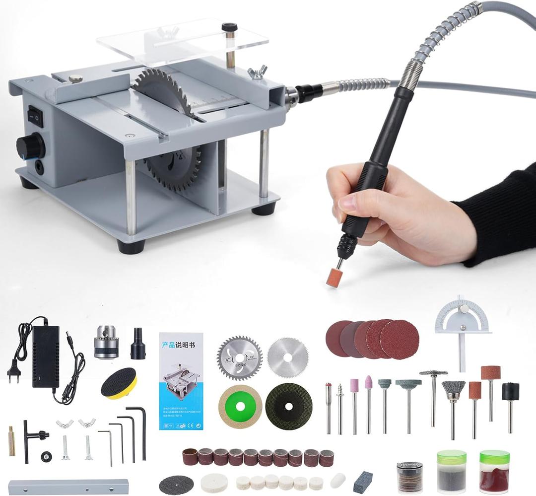 Mini Multi Functional Table Saw,150W Portable Table Saw Craft,Speed,Angle,Height Adjustable,Cutting Sanding Engraving Drilling All-in-One,for Wood, Plastic Acrylic Cutting (105pcs)