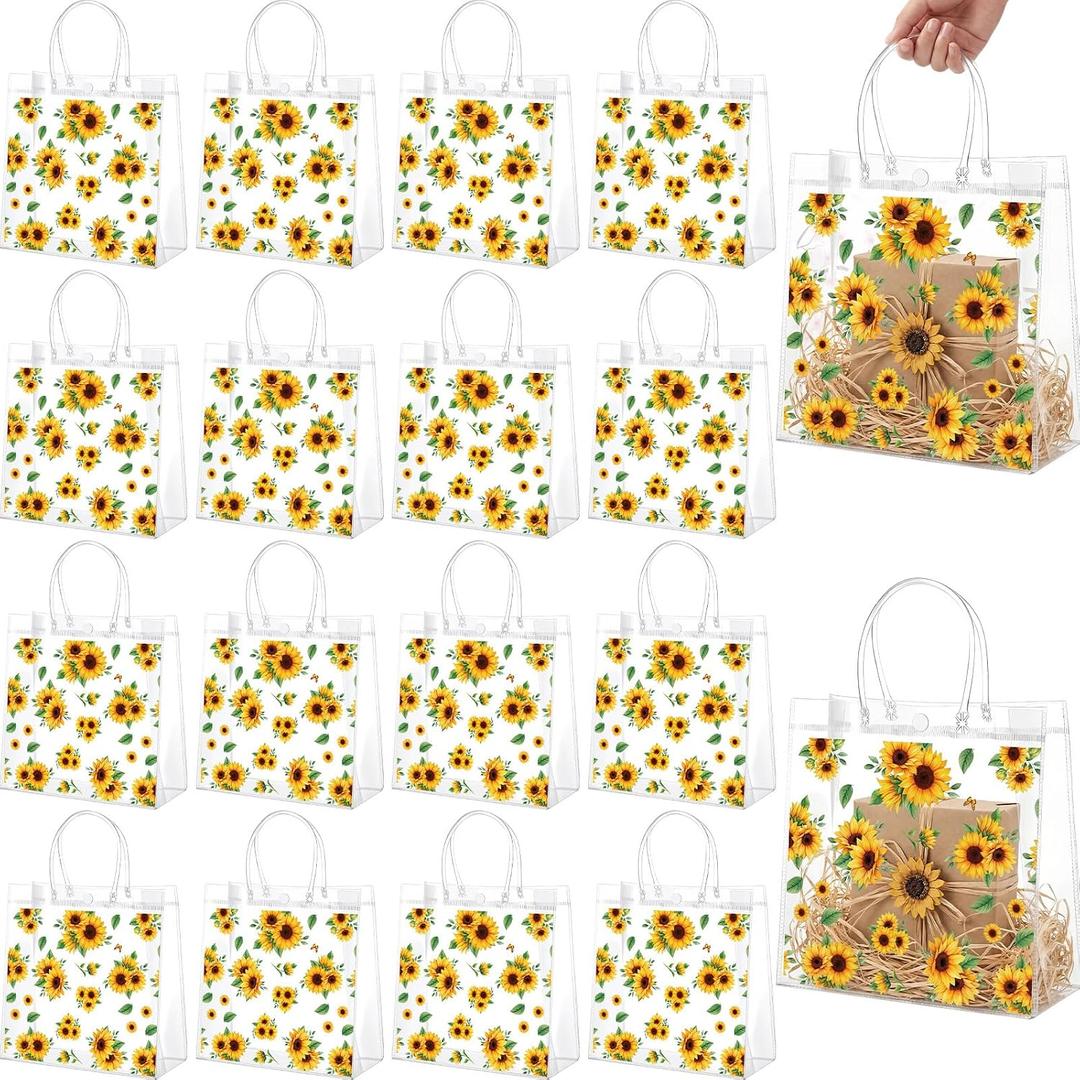 Resholder 24 Pcs Sunflower Party Gift Bags Clear Yellow Sunflower Goodie Bags with Handle 8 x 8 x 3.15 Inch Return Gift Wrap Totes for Guests Wedding Birthday Baby Shower Spring Summer Party Supplies