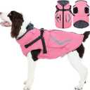 FUAMEY Dog Winter Coat with Harness, Insulated Jacket for Dogs Cold Weather Clothes, Back Zipper Doggie Cover for Snow Day, Pet Outfits with Pop Bag Pockets for Large Dogs, Staffordshire (Pink, L)
