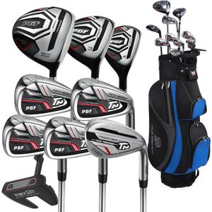 PGF Men's Gold TP Complete Golf Club Package Set [11-Pieces] [Hand: Right] [Length: 1 Inch Long] 1# Driver, 2# Wood, 3# Hybrid, 4/5# iron, 5/7# iron, 6/9# iron, 7# PW, 8# SW, 9# Putter, 10/14# Cart bag, 11# Driver HC