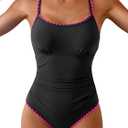 Eomenie Women's One Piece Swimsuit Tummy Control Slimming Bathing Suit Ruched Swimwear Tie Back Shell Stitch Swim Suit (X-Large, Black Pink)