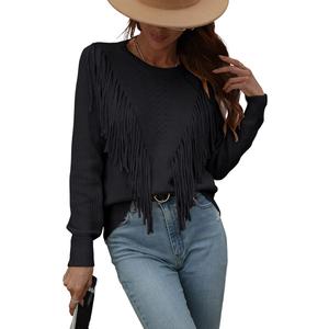 chouyatou Women's Casual Crewneck Fringe Tassel Knitted Pullover Sweater Jumper Tops Size XS