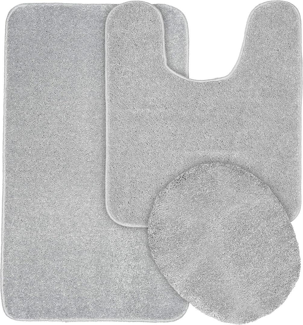 Garland Rug Gramercy Washable Bath Rug – Soft, Plush, Absorbent, Quick-Dry, Durable, 3 Piece Rug Set (Toilet Lid Cover, Contour Rug, 20" X34' Bath Rugs), Silver