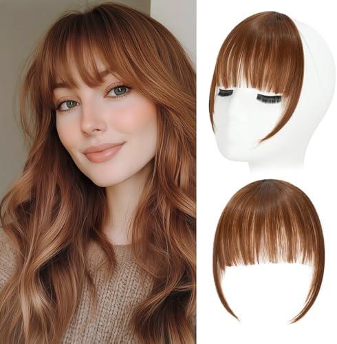 Flvaco Clip in Bangs, Synthetic Wispy Bangs Hair Clip, Light Auburn Fake Bangs Fringe with Temples Hairpieces for Women Natural Curved Hair Extensions for Daily Wear