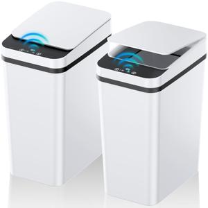 Bathroom Trash Can with Lid, 2 Pack 4 & 2.2 Gallon Automatic Touchless Garbage Can, Small Motion Sensor Smart Trash Can, Slim Waterproof Trash Bin for Bedroom, Bathroom, Office, Living Room (White)
