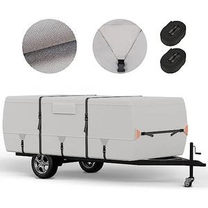 Tuszom True 900D Oxford Anti-Scratch Pop Up Camper Trailer Cover, Upgraded Waterproof Anti-UV Folding Camping RV Cover, Fit 8'-10' with 7 PCS Reinforced Windproof Straps for Motorhome