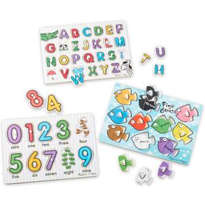 Melissa & Doug Classic Wooden Peg Puzzles (Set of 3) - Numbers, Alphabet, and Colors, Standard