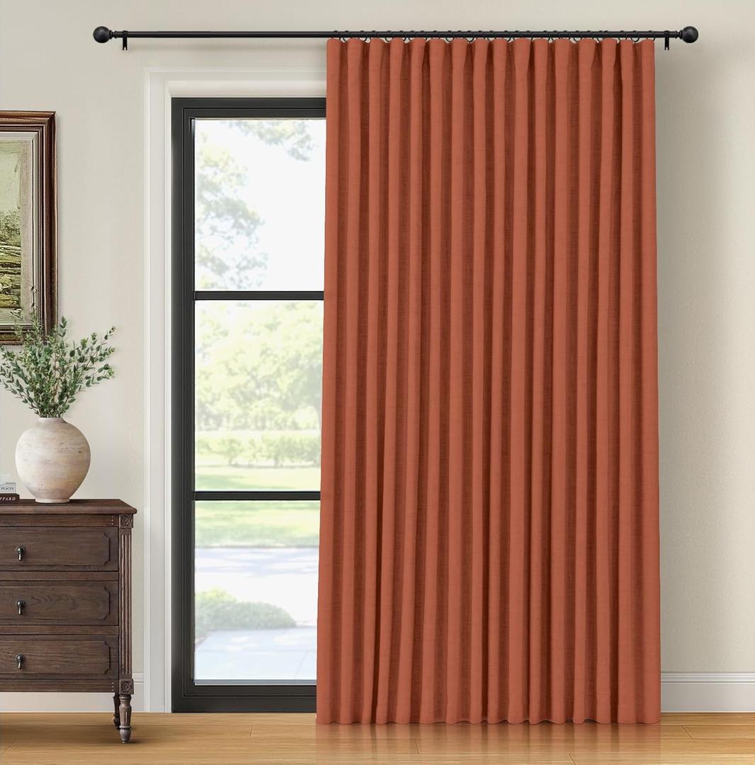 INOVADAY Thermal Sliding Door Curtains 100% Blackout Curtains for Bedroom, Sliding Glass Door Drapes Extra Wide for Patio Linen Textured Farmhouse Window Treatment, Burnt Orange, 1 Panel, W100xL96