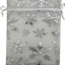 SUNGULF 50pcs Organza Pouch Bag Drawstring 5"x7" 13x18cm Strong Gift Candy Bag Jewelry Party Wedding Favor (White Snowflake)