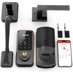 Front Door Lock Set Keyless Entry: Keyless Entry Smart Deadbolt with Handle Set, Hornbill Keypad Electronic Door Lock with Handles, APP/Bluetooth/Auto Lock/Keyfobs/Keys, Oil Rubbed Bronze