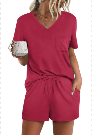 RUBZOOF Women's Short Sleeve Pajama Sets with Pockets Casual V Neck 2 Piece Lounge Sets Size Small, Pink