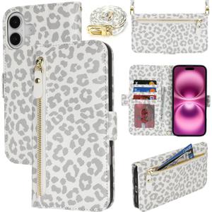 for iPhone 16 Plus Wallet Case for Women,Zipper Pocket,PU Leather Phone Case Stand flip Cover Crossbody Lanyard Strap Zipper Credit Card Holder Slots for Apple 16 Plus,White Leopard