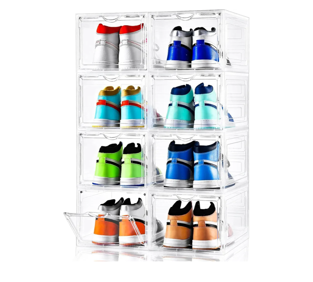 Clemate 15 Pack Shoe Storage Boxes, Clear Plastic Stackable Shoe Organizer for Closet, Shoe Box with Magnetic Door, Foldable Shoe Storage Bin, Sneaker Storage Box Shoe Rack Container Holder, Size 9