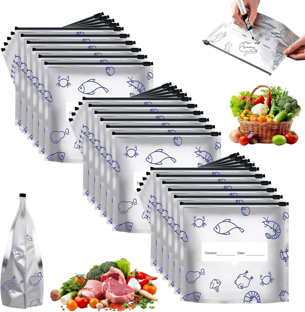 30Pcs Reusable Aluminum Foil Sealable Storage Bags, 2026 New Resealable Vacuum Zipper Pouches for Food, Stand Up Foil Sealable Bags with Label and Zip Lock for Vegetable (Medium)