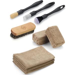 Fantasticlean 9PCS Car Interior Detailing Set, Microfiber Cloth & Applicator, Single-Head Detailing Brushes, Natural Bristles, Scratch-Free & Ultra-Soft for Seats Leather Care or Cleaning (brown-ACS01)