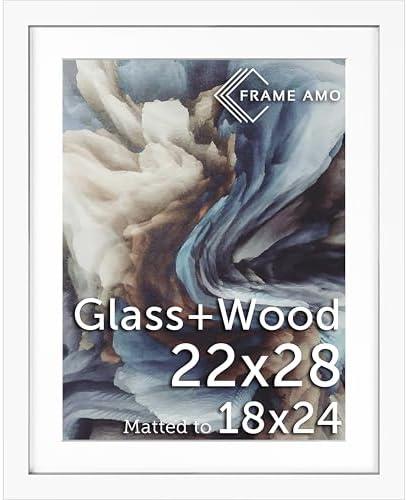 Frame Amo 22x28 White Solid Wood Poster Frame, White Mat for 18x24 Image, Tempered Glass Front, 1.5 inch Wide, 1 inch Thick