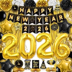 New Years Decorations 2026, New Years Eve Party Supplies, Black and Gold Happy Nye Party Decorations with Banner Balloons Fringe Curtains Backdrop Swirls Honeycomb