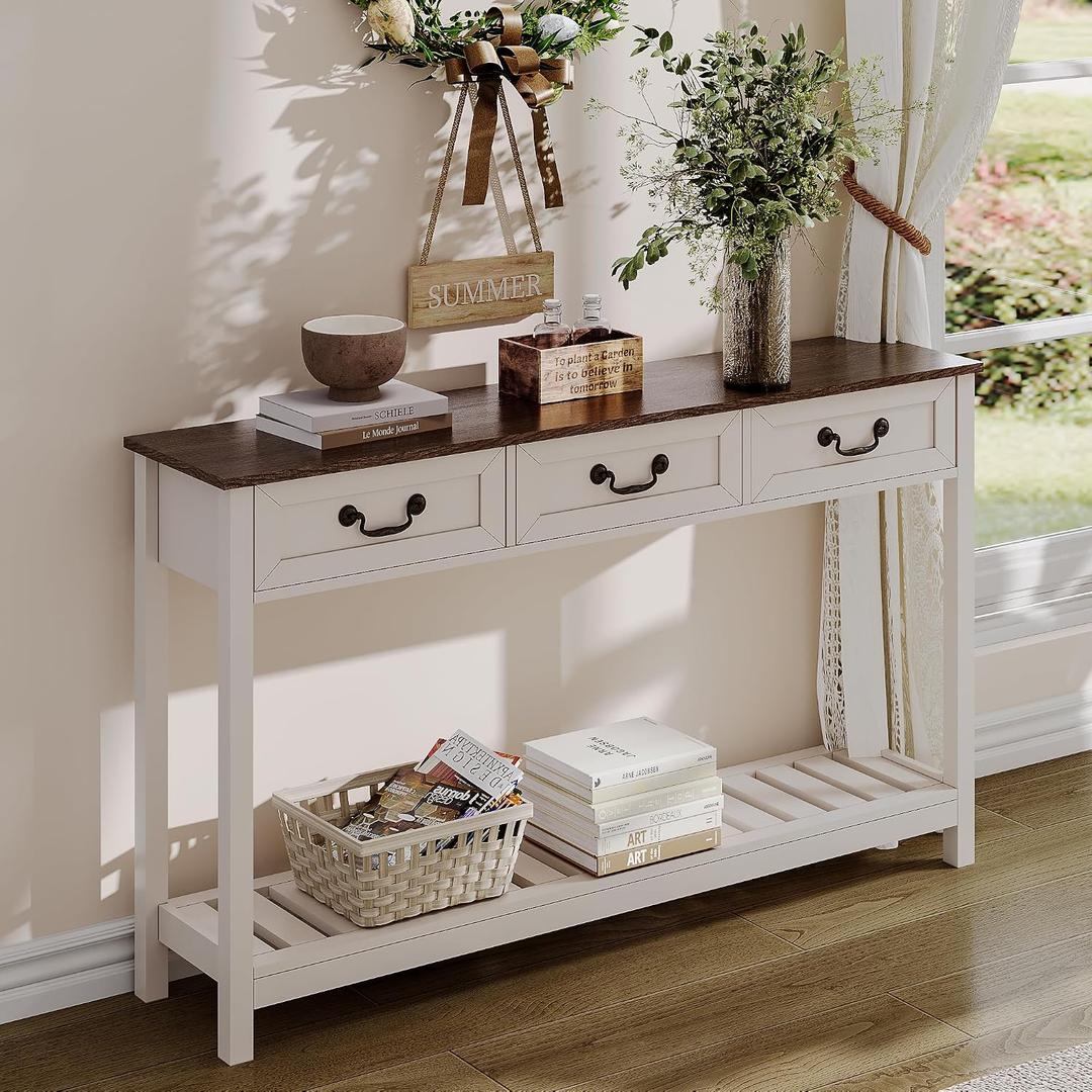 ChooChoo Farmhouse Console Table with 3 Drawers, Rustic Entryway Table, Narrow Long Sofa Table for Living Room, Hallway, Behind Couch, Soft White and Brown, 11.81"D x 53.1"W x 31.3"H