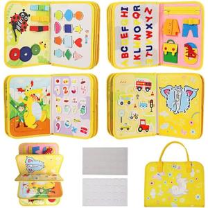 Educational Book for Toddlers, Travel Learning Activity Board with Shapes, Letters, Numbers, Life Skills, Clock Learning,Travel-Friendly Yellow Busy Board, 11 x 8.8 inches Felt Playboards