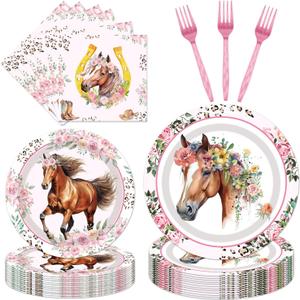 Horse Birthday Party Supplies Tableware - 96 Pcs Cowgirl Birthday Party Decorations, Horse Themed Party Paper Plates and Napkins Sets with Forks, Western Baby Shower Disposable Dinnerware, Serves 24