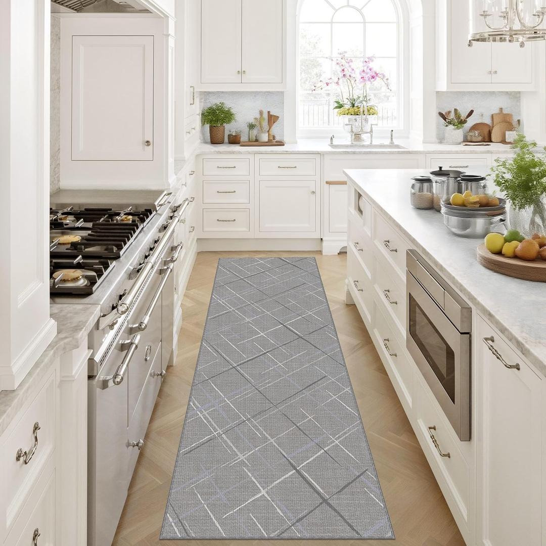 Washable & Non-Slip Runner Rug 2x8, Modern Stripe Low-Pile Carpet, Non-Shedding Woven Hallway Runner for Entryway, Kitchen- Light Gray