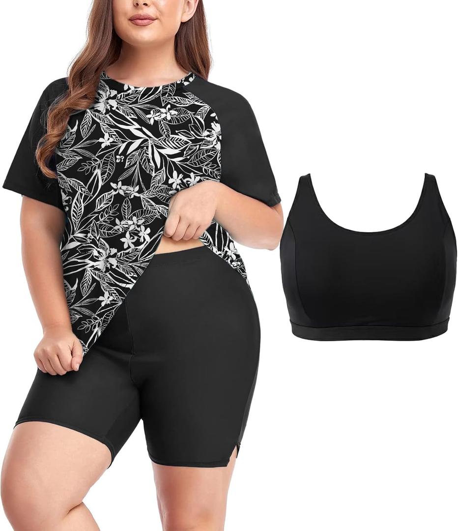 Inno 3 Piece Plus Size Swimsuit for Women with Bra Rash Guard Short Sleeve with Boyshorts UPF 50+ Surfing Swimwear 2026, Black White with Bra, 3X