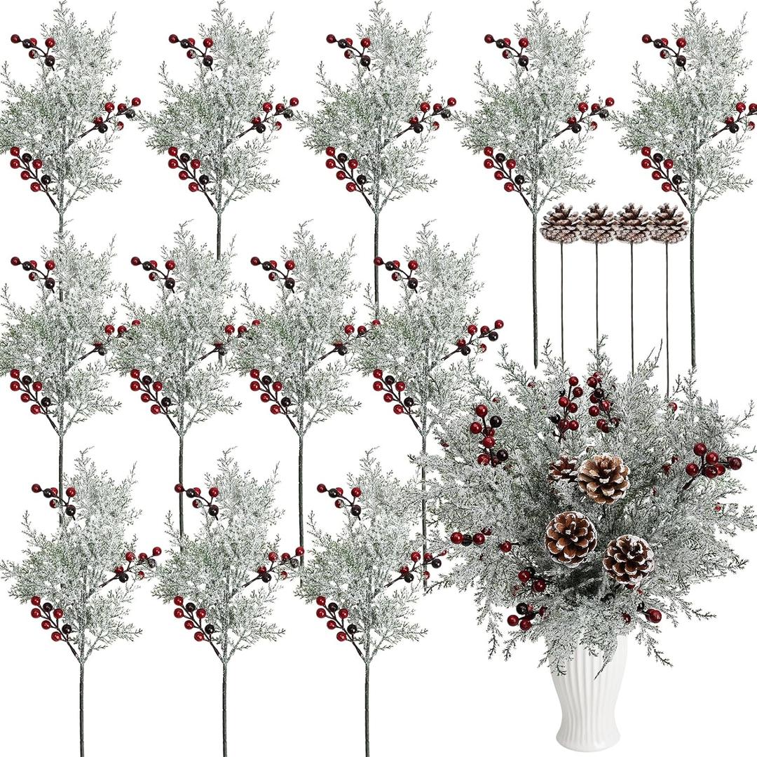 Nagobi 12 Pcs Christmas Snow Frosted Pine Branches, Snowy Artificial Cedar Picks with Red Berries Pine Cones, 18 Realistic Faux Winter Greenery for Vase DIY Garland Wreath Xmas Home Decor (White)