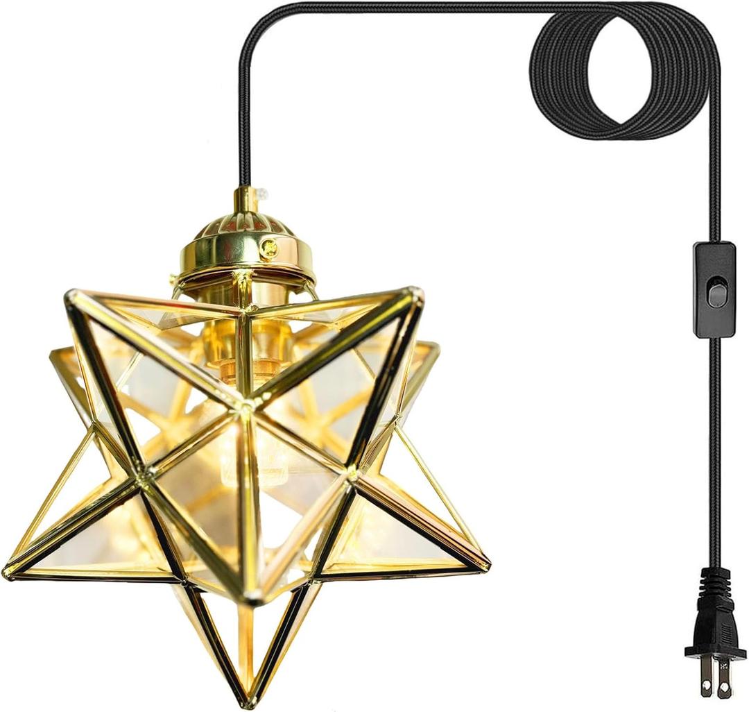 Gold Moravian Star Pendant Light with Brass Shade & Seeded Glass, 16.5ft Plug-in Hanging Light Fixture with Switch, Brass Lighting Fixture for Kitchen Island, Bedroom, Nursery(LED Bulb Included) (7.48 inch)