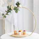 GENMOUS Wedding Cake Stand with Wood Stand Base, Gold 20" Round Arch Cake Stand Set, Metal Floral Hoop Centerpiece for Table, Large Cake Display Stand for Party, Events, Birthday Reception
