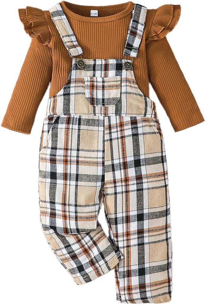 Toddler Baby Girl Christmas Clothes Ruffled Top Plaid Bib Overalls Pocket Suspender Pants Set Thanksgiving Outfits, 6-12M