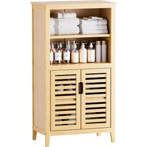 HITNET Bathroom Cabinet Freestanding, Bamboo Storage Cabinet 5-Tier Floor Cupboard with Door and Shelf for Bathroom, Kitchen, Hallway, Natural, Small