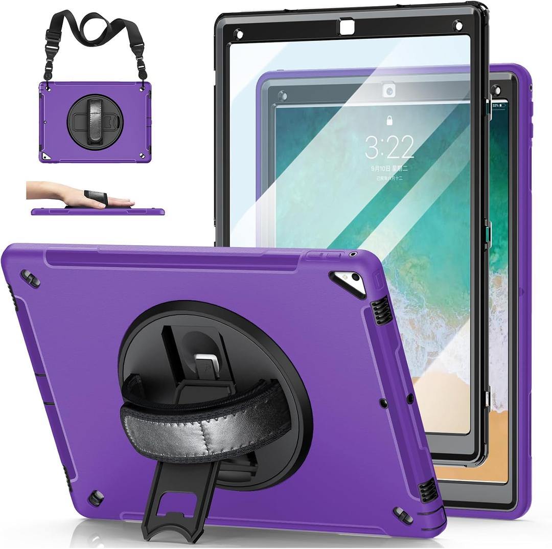 Case for iPad Pro 12.9 2nd Generation 2017 & 2015 1st Generation, Heavy Duty Rugged Shockproof Protective Cover w/ 360 Rotatable Stand + Handle Hand & Shoulder Strap + Pencil Holder-Purple