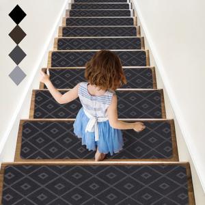 RIOLAND Non-Slip Carpet Stair Treads for Wooden Steps, 15 Pack Indoor Stair Runner with Reusable Adhesive Modern Anti Moving Safety Stair Rugs for Kids Dogs & Elders, 8" X 30", Rhombus Gray