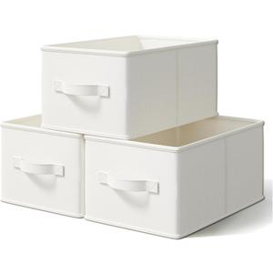 3 Pack Fabric Storage Bins for Shelves | 14" L*10" W*8" H Closet Storage Bins | Collapsible Closet Organizers for Clothes | Linen Clothes Bins | White & Ivory (Medium)