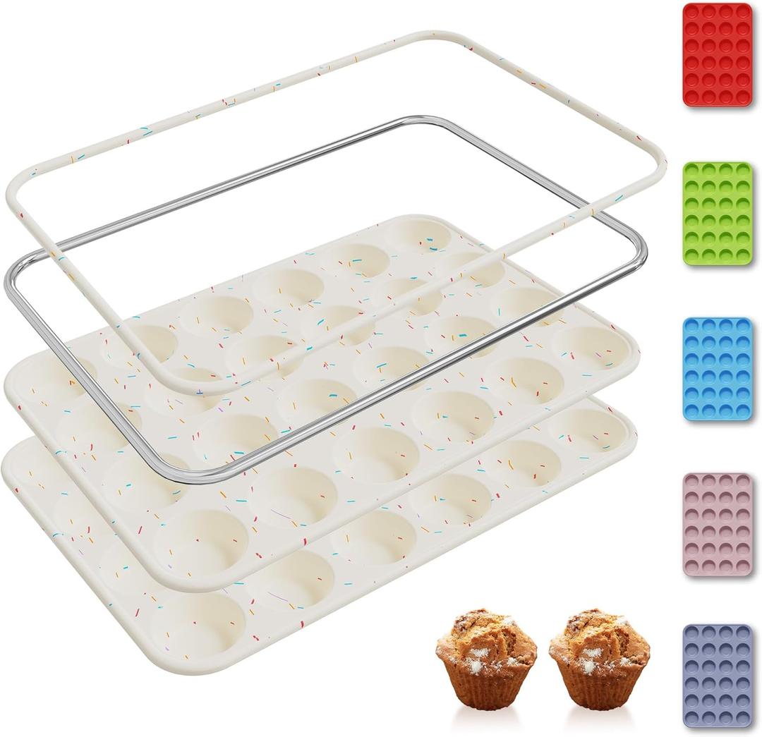 2 Pack 24 Cups Silicone Mini Muffin Pan with Metal Reinforced Frame Silicone Molds Cupcake Cake Baking Cheesecake Pans Cookie Baking Chocoflan Cupcake Mold Mini Bundt Cake Pan Women Gift (Cream) 2 Pack 24 Cups Silicone Mini Muffin Pan with Metal Reinforced Frame Silicone Molds Cupcake Cake Baking Cheesecake Pans Cookie Baking Chocoflan Cupcake Mold Mini Bundt Cake Pan Women Gift (Cream)