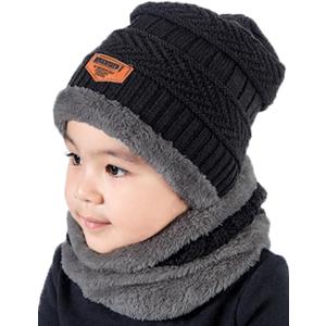 T WILKER 2Pcs Kids Winter Knitted Hats+Scarf Set Warm Fleece Lining Cap for 5-14 Year Old Boys Girls