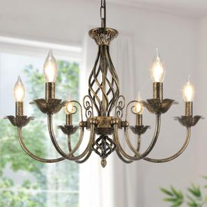 6-Light Farmhouse Candle Chandelier for Living Room, Rustic Industrial Pendant Ceiling Light fixture, Vintage Ceiling Hanging Lamp for Bedroom Hallway Kitchen Dining Room Foyer, Brown E12 Socket (Black with Gold)