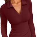 VICHYIE Womens Long Sleeve Shirts Lapel Collared V Neck Slim Fitted Ribbed Knit Trendy Tight Polo Tops (L)