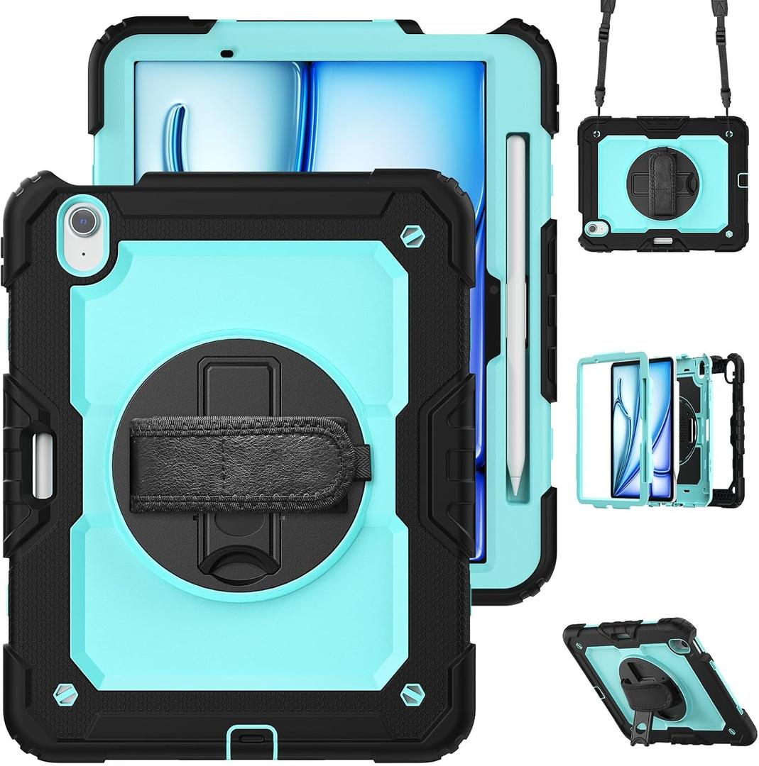 for iPad Air 11 inch Case 2025 M3 2024 (M2), Protective 360 Rotating Stand Hand/Shoulder Strap, Pencil Holder & Shockproof Silicone and Hard PC Case for iPad Air 11", Blue