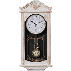 Large Vintage Grandfather Wood- Looking Plastic Pendulum Wall Clock for Living Room, Kitchen, or Dining Room, Large White (23.7 Inch Heigh)